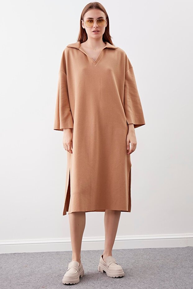 V Yaka Örme Elbise - 1