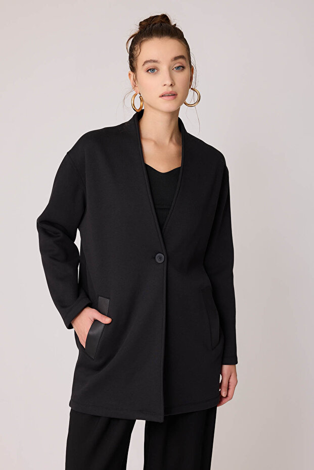 Faux Leather Single Button Jacket with Pocket - 1