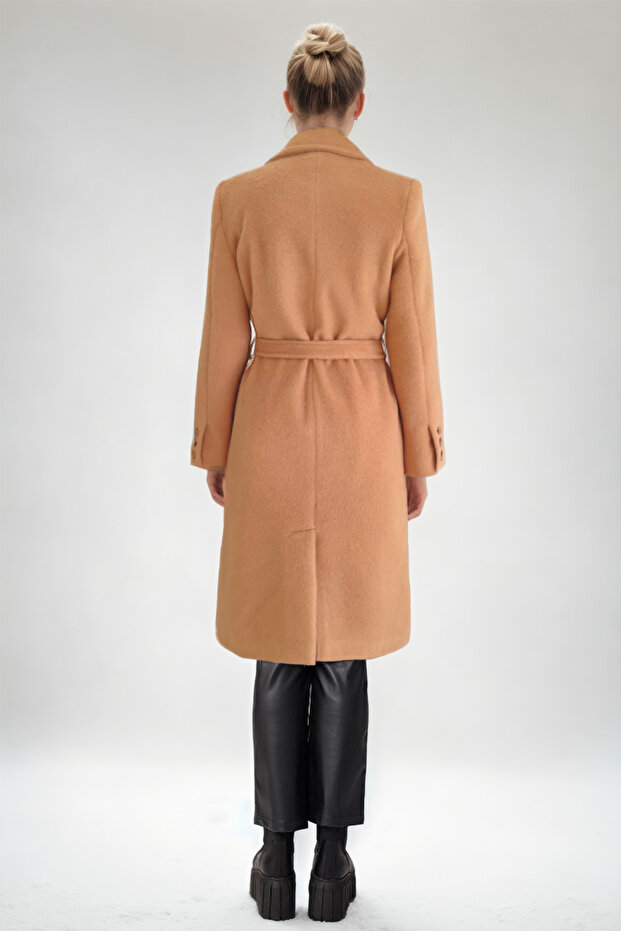 Belted Waist Buttoned Long Coat - 3