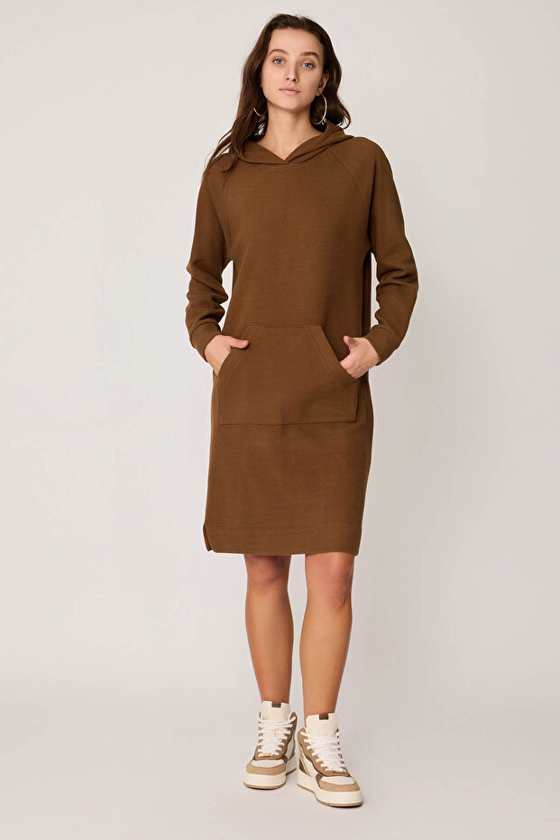 Kapüşonlu Önü Cepli Örme Elbise - 4