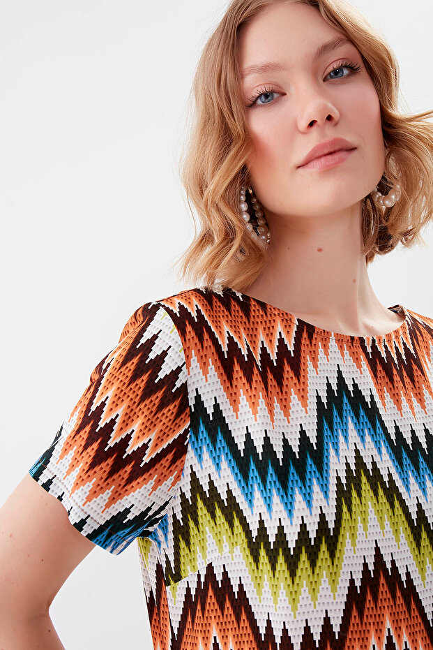 Zigzag Desen Kısa Kol Bluz - 3