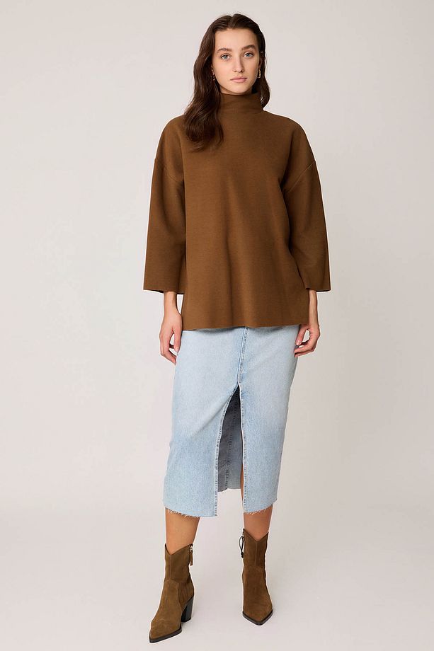 Düşük Kol Yakalı Yanlar Yırtmaçlı Örme Oversize Bluz - 1