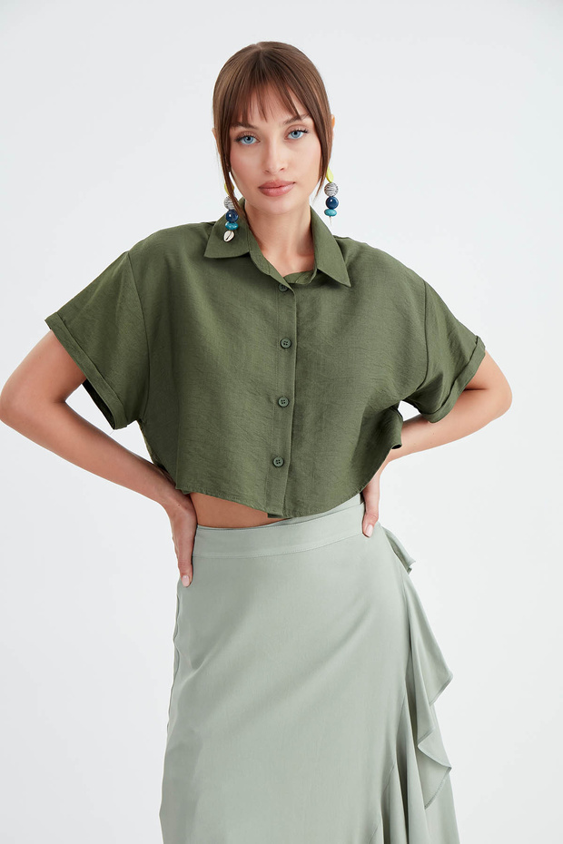 Düşük Omuz Crop Gömlek - 1