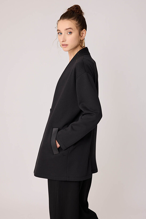 Faux Leather Single Button Jacket with Pocket - 3