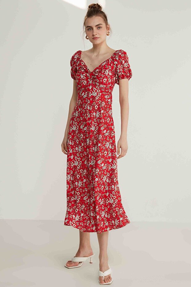 Šaty s květinovým vzorem s balonovým rukávem z viskózy - 2