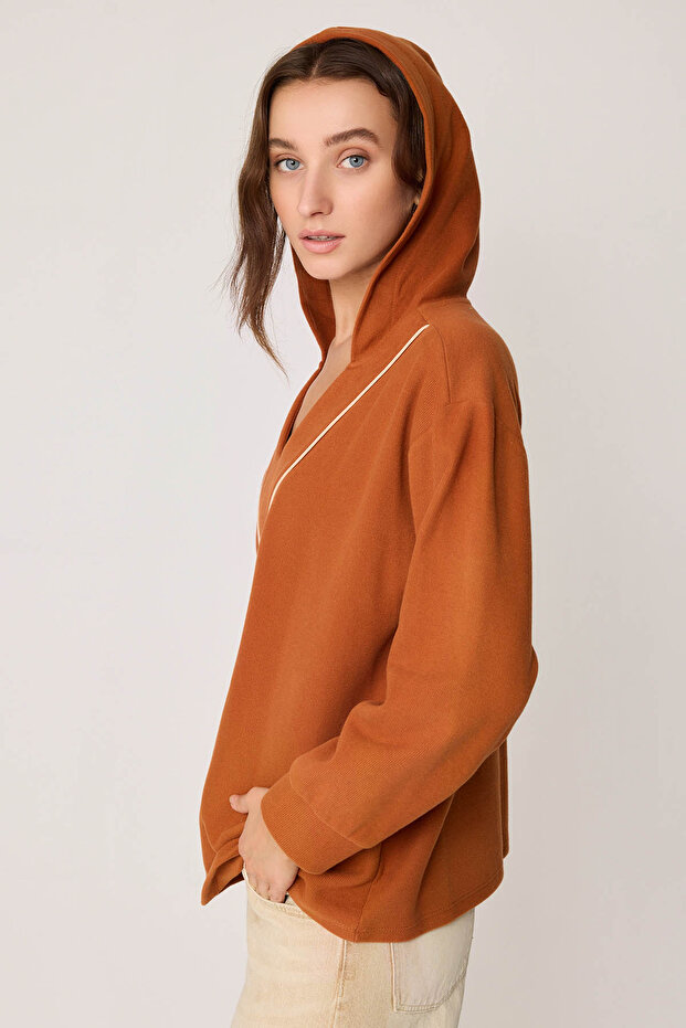 Kapüşonlu V Yaka Örme Sweatshirt - 4