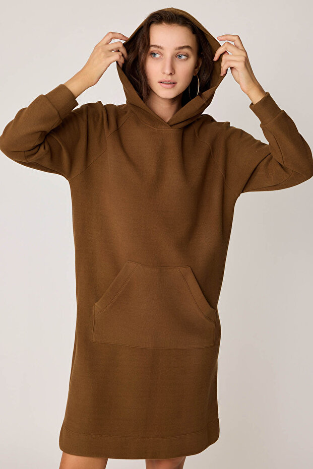 Kapüşonlu Önü Cepli Örme Elbise - 3