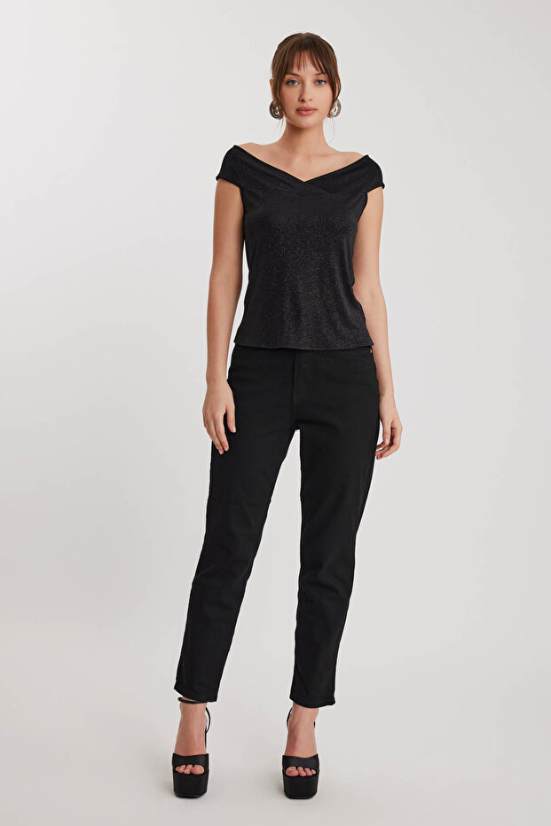 Kayık Yaka Simli Bluz - 1