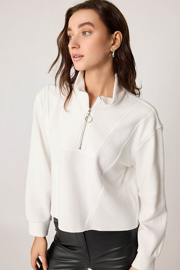 Dik Yaka Fermuarlı Örme Sweatshirt - 2
