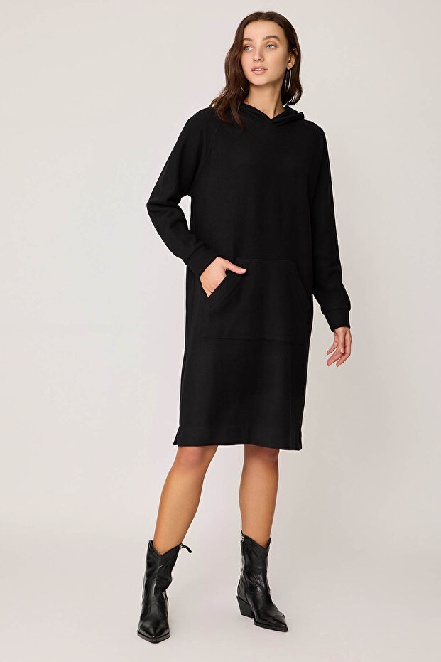 Kapüşonlu Önü Cepli Örme Elbise - 4