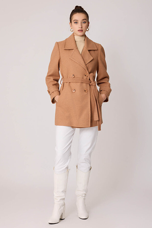 معطف كشمير قصير بحزام أمامي بأزرار - 1