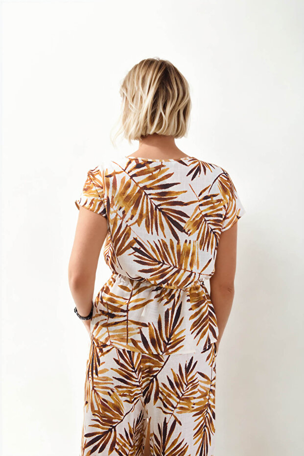 Leaf Patterned Waist Drawstring Blouse - 5