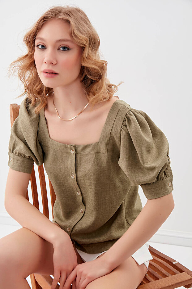 U-الرقبة بالون زر الكم بلوزة - 1