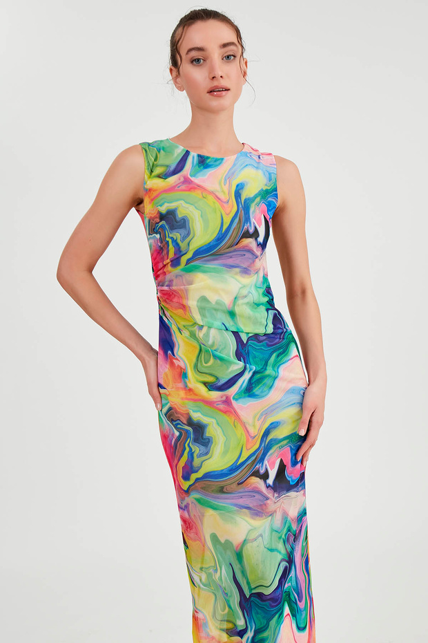 فستان طويل من التول برباط منقوش - 2