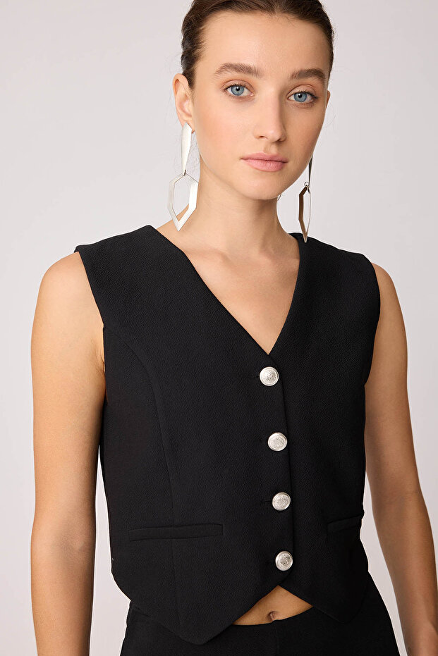 Silver Buttoned Crop Vest - 6