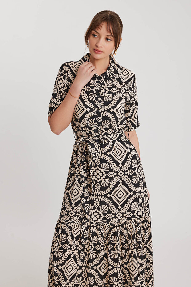Buttoned Front Ethnic Pattern Belted Long Dress - 3