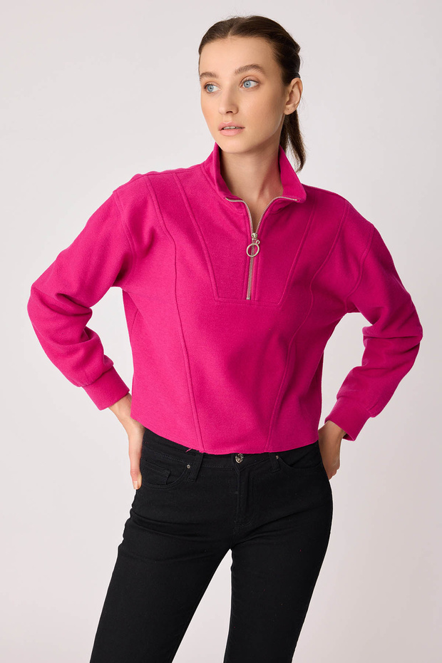 Dik Yaka Fermuarlı Örme Sweatshirt - 6