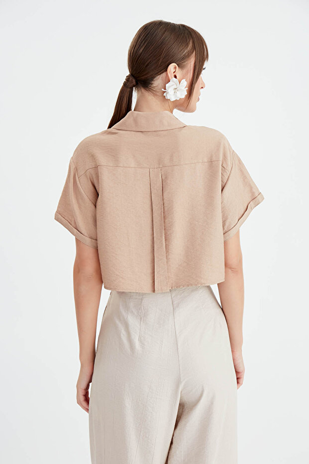 Düşük Omuz Crop Gömlek - 5