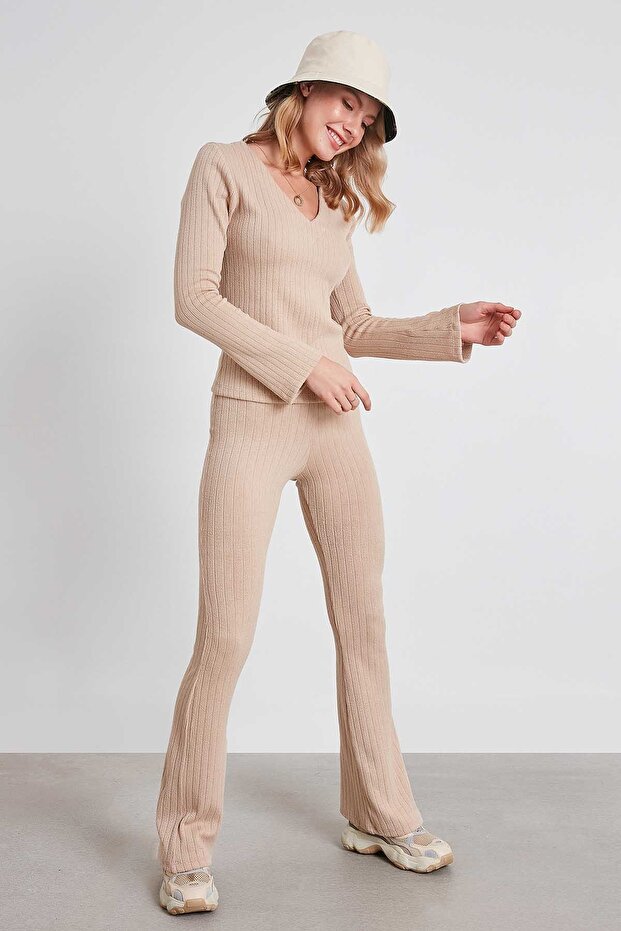 Çizgili Örme Kumaş Rahat Pantolon - 3