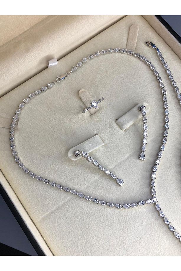 Kadın Gümüş Set - Açela Zirconia Taşlı Su Yolu • Işıklı Kutuda • Düğün • Nişan • Gelin Seti Takımı - 8