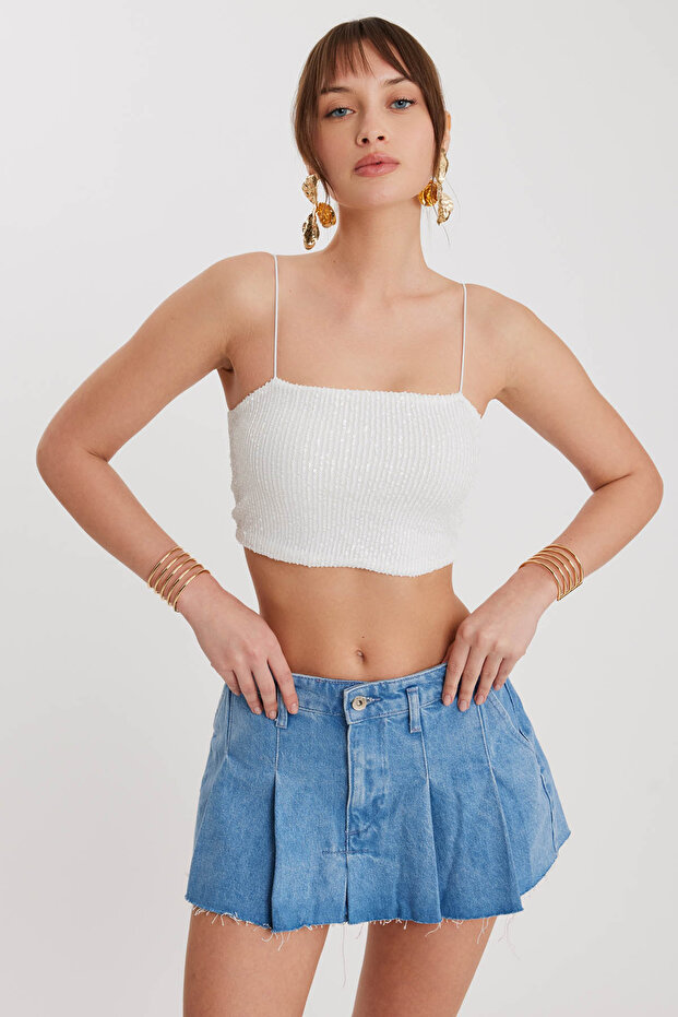 İp Askılı Pullu Crop Bluz - 4