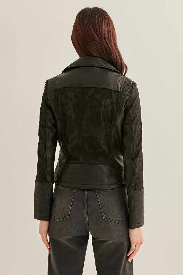 Bunda z umělé kůže s krajkovým zdobením - 5