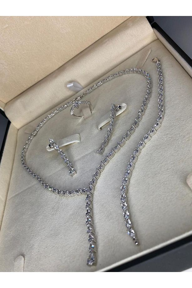 Kadın Gümüş Set - Açela Zirconia Taşlı Su Yolu • Işıklı Kutuda • Düğün • Nişan • Gelin Seti Takımı - 7