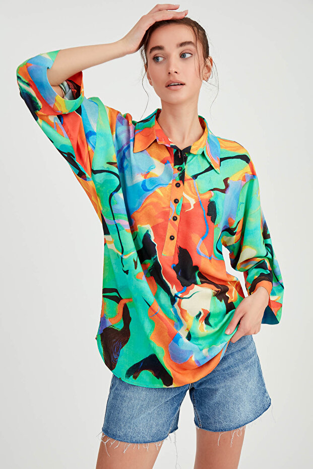 Low Shoulder Patterned Oversize Blouse with Buttoned Front - 2
