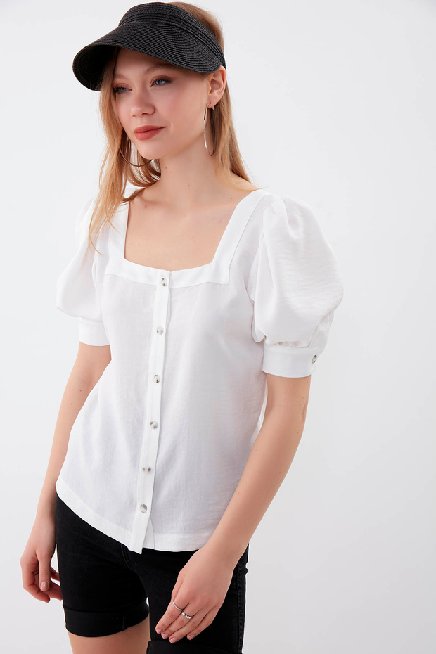 U-الرقبة بالون زر الكم بلوزة - 4