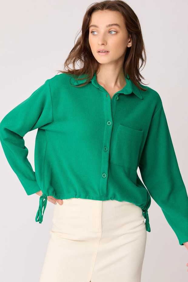 Önü Düğmeli Beli Bağcıklı Tek Cep Örme Bluz - 4