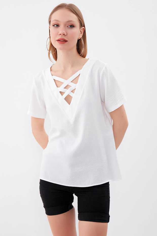Önü Çapraz V Yaka Bluz - 2