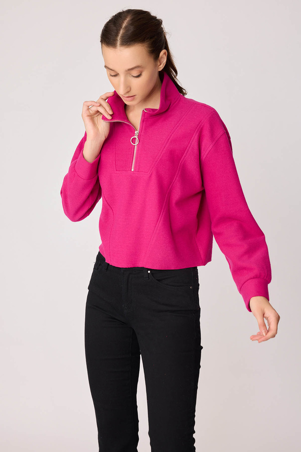 Dik Yaka Fermuarlı Örme Sweatshirt - 5