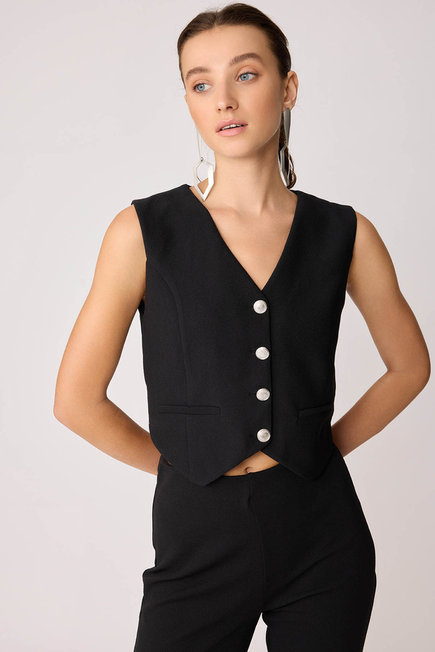 Silver Buttoned Crop Vest - 2