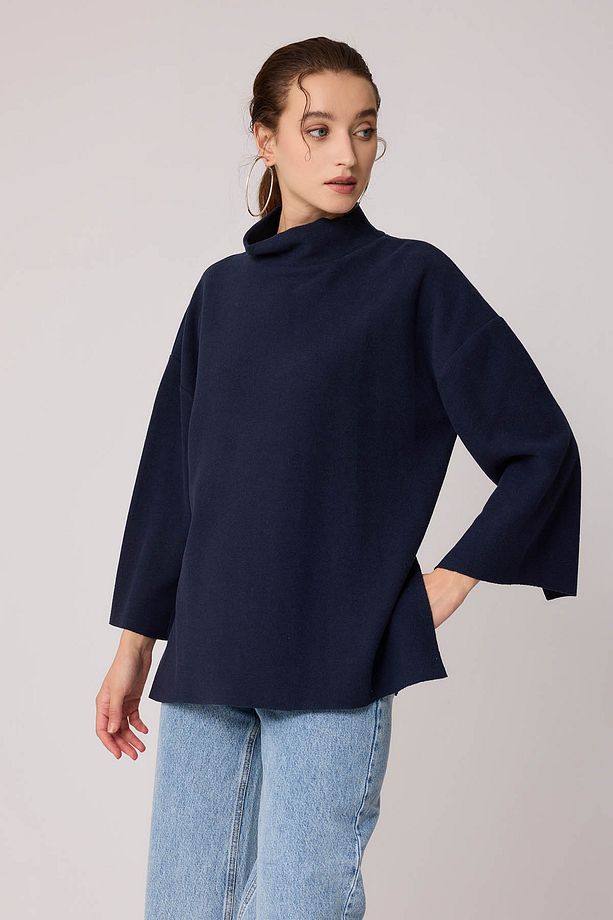 Düşük Kol Yakalı Yanlar Yırtmaçlı Örme Oversize Bluz - 2