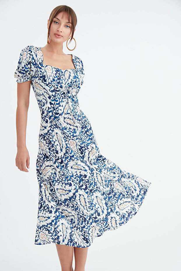 Önü Büzgülü Desenli Elbise - 5