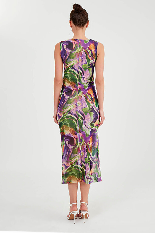 فستان طويل من التول برباط منقوش - 5