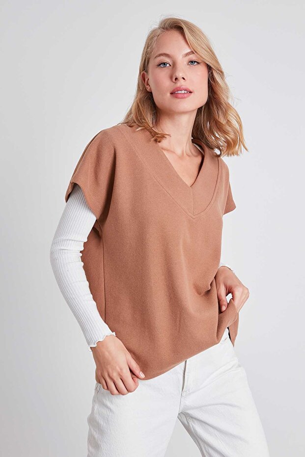 V Yaka Düşük Kol Örme Sweat - 3