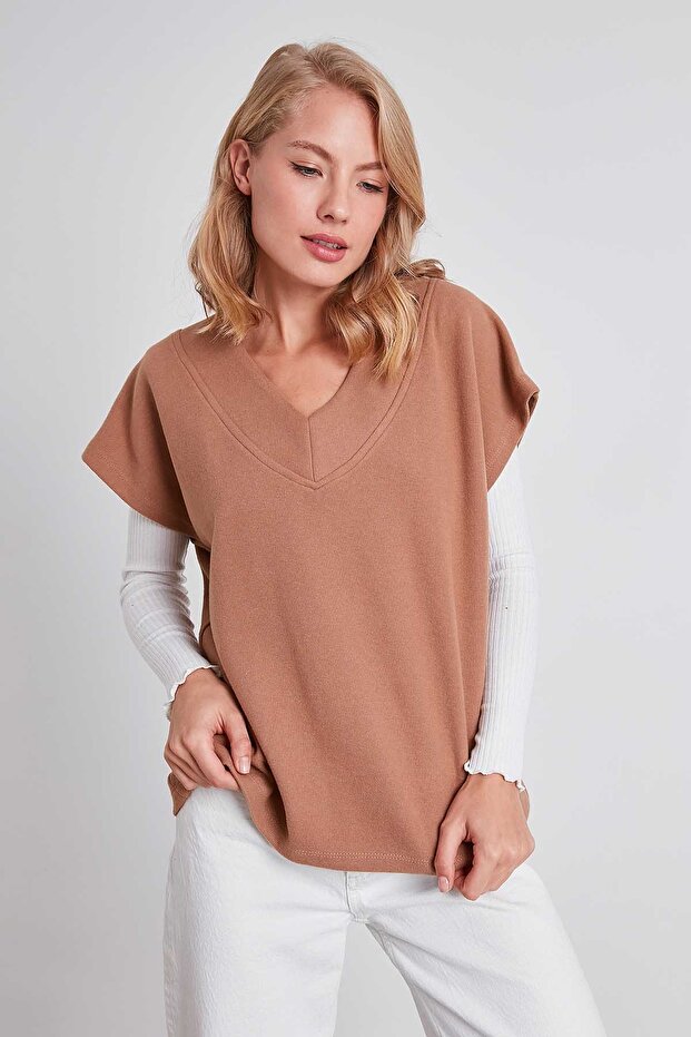 V Yaka Düşük Kol Örme Sweat - 4