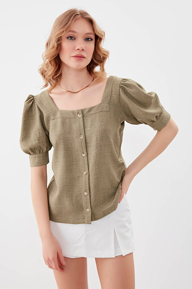 U-الرقبة بالون زر الكم بلوزة - 2