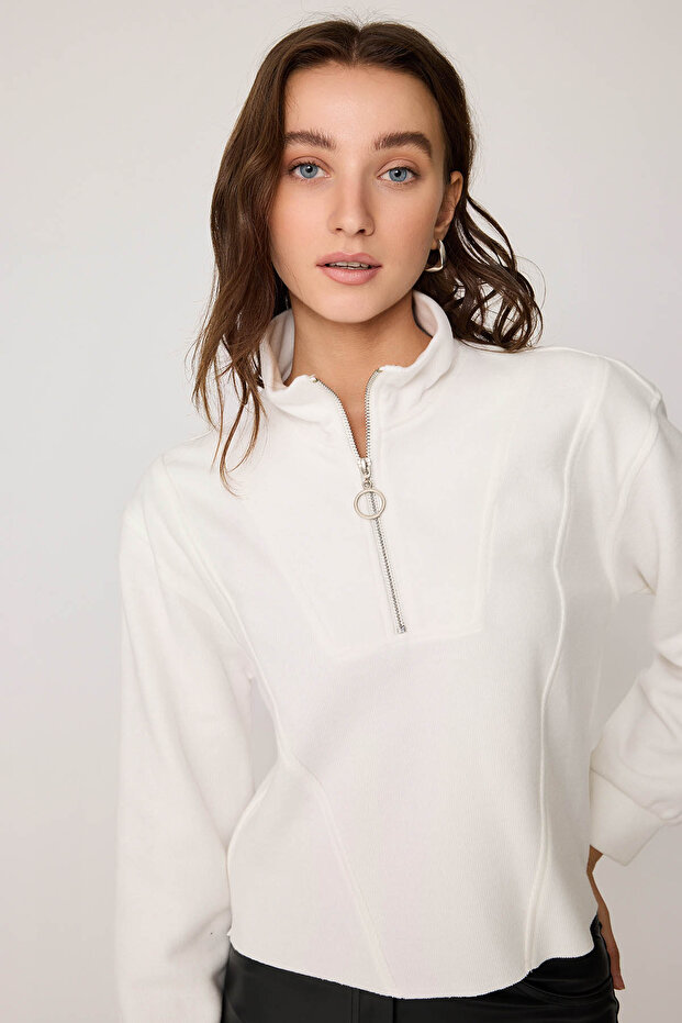 Dik Yaka Fermuarlı Örme Sweatshirt - 1