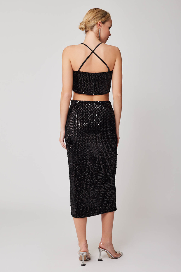 Önden Yırtmaçlı Pullu Etek - 5