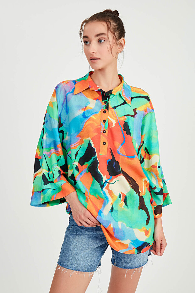 Low Shoulder Patterned Oversize Blouse with Buttoned Front - 6