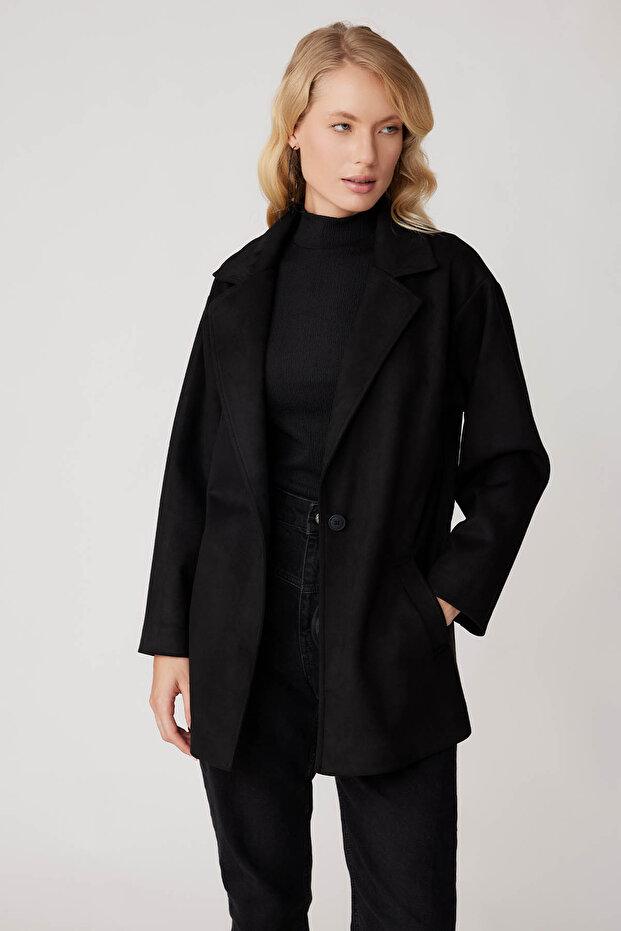 Single Button Pocket Suede Jacket - 2