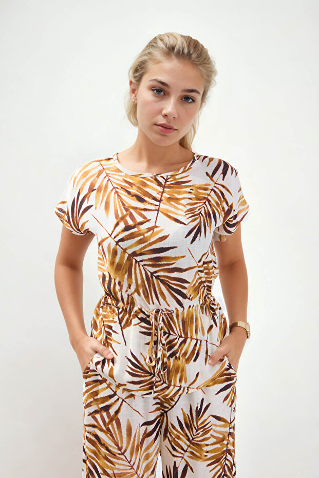 Leaf Patterned Waist Drawstring Blouse - 4