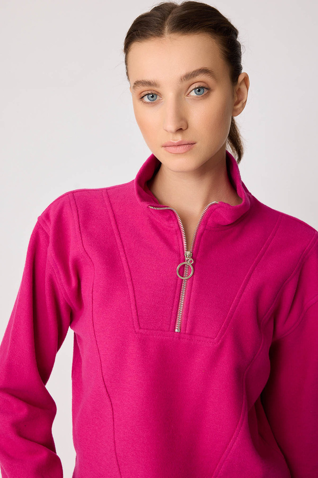 Dik Yaka Fermuarlı Örme Sweatshirt - 2