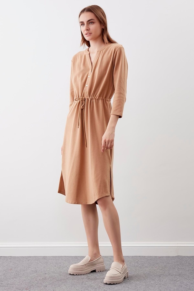 Düğmeli Beli Büzgülü Örme Elbise - 4