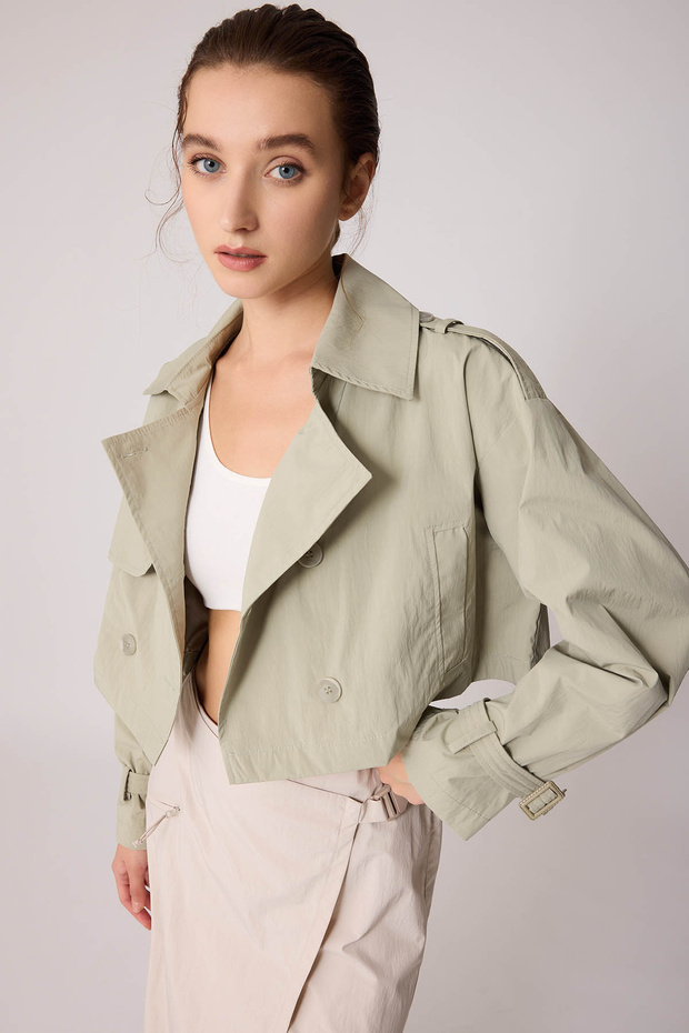 Astarlı Önü Düğmeli Crop Trençkot - 4