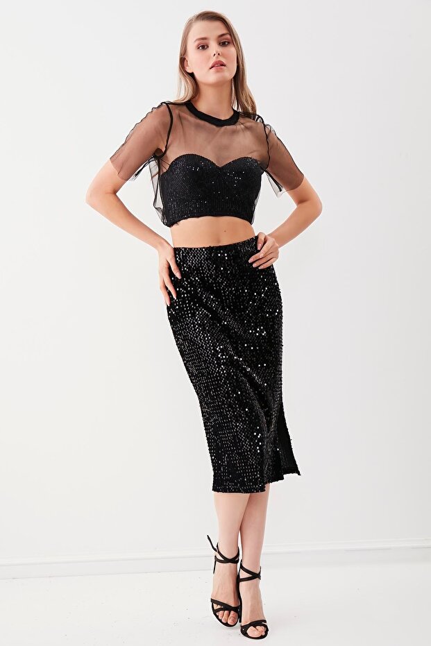 Yanı Yırtmaçlı Pullu Kalem Etek - 2