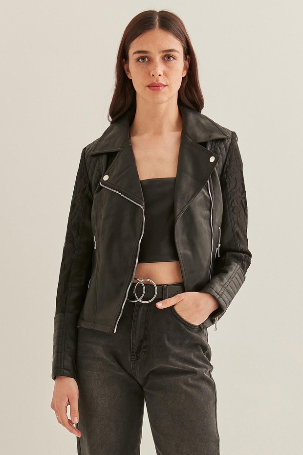 Bunda z umělé kůže s krajkovým zdobením - 1