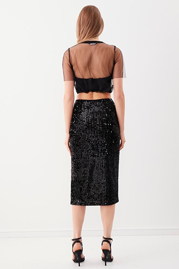 Yanı Yırtmaçlı Pullu Kalem Etek - 4